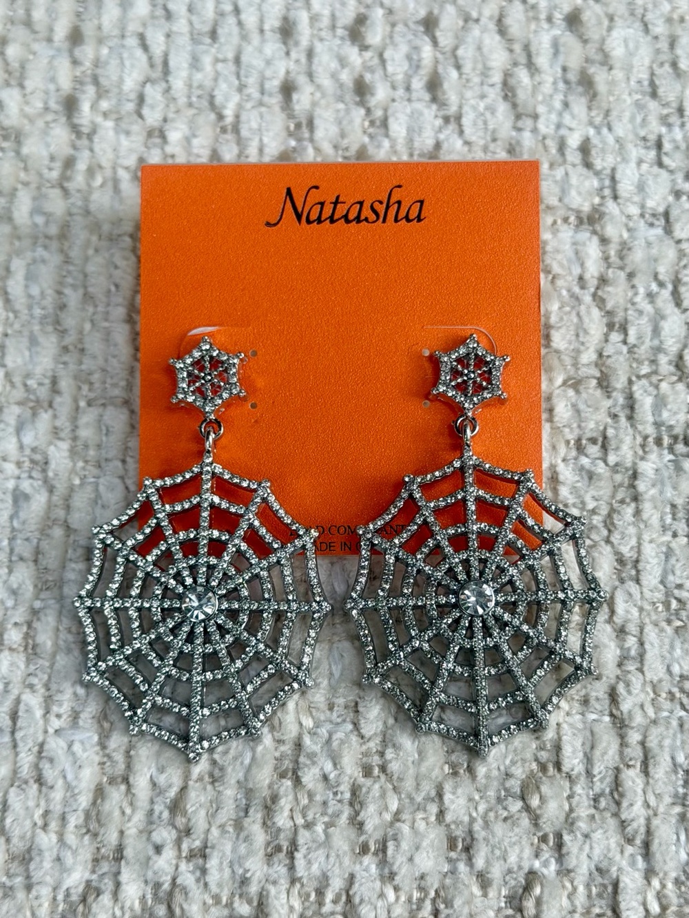 Natasha Rhinestone Spiderweb Dangle Earrings 2.5” Post Back Silver Halloween NWT